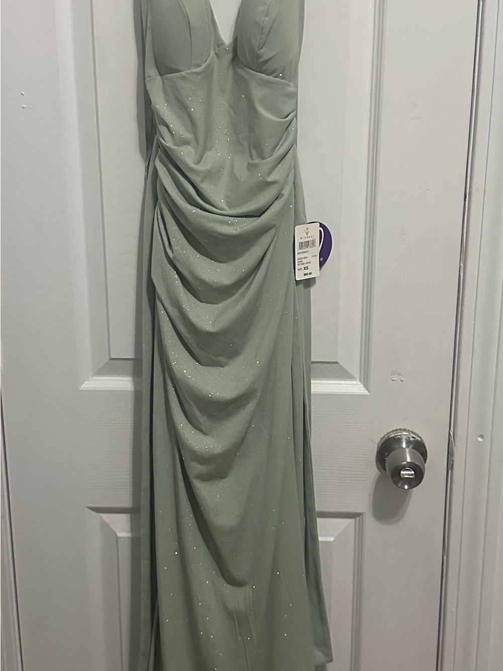 Windsor Sage Green Sparkle Draped Prom Dress